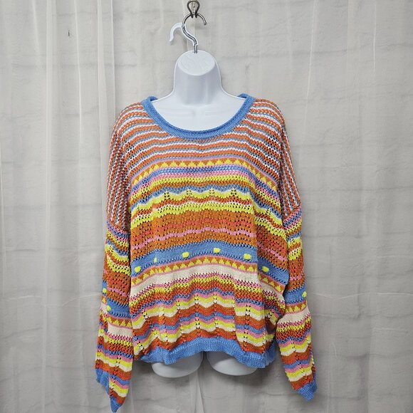 Crewneck Sweater Crochet Knit Orange Blue Striped Boho Colorful L - Picture 1 of 10